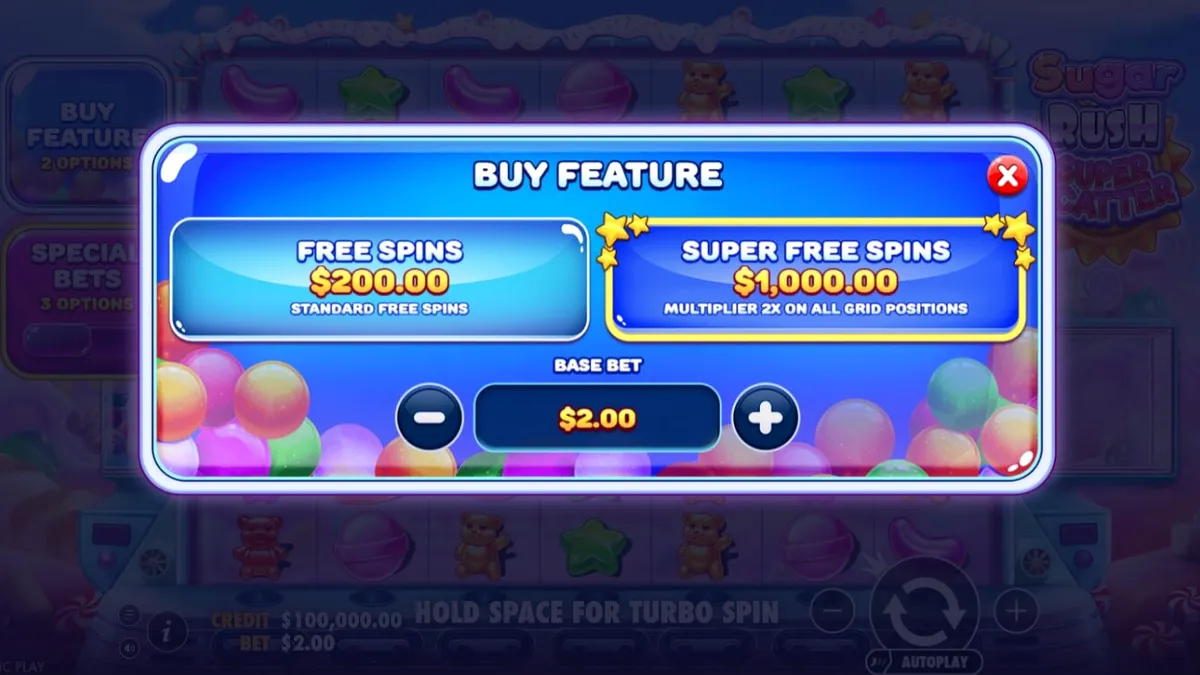 Tampilan visual slot Sugar Rush Super Scatter dengan tema permen warna-warni.
