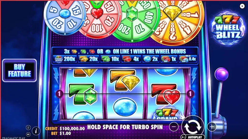 Tampilan visual mesin slot 777 Wheel Blitz dengan nuansa neon dan simbol permata
