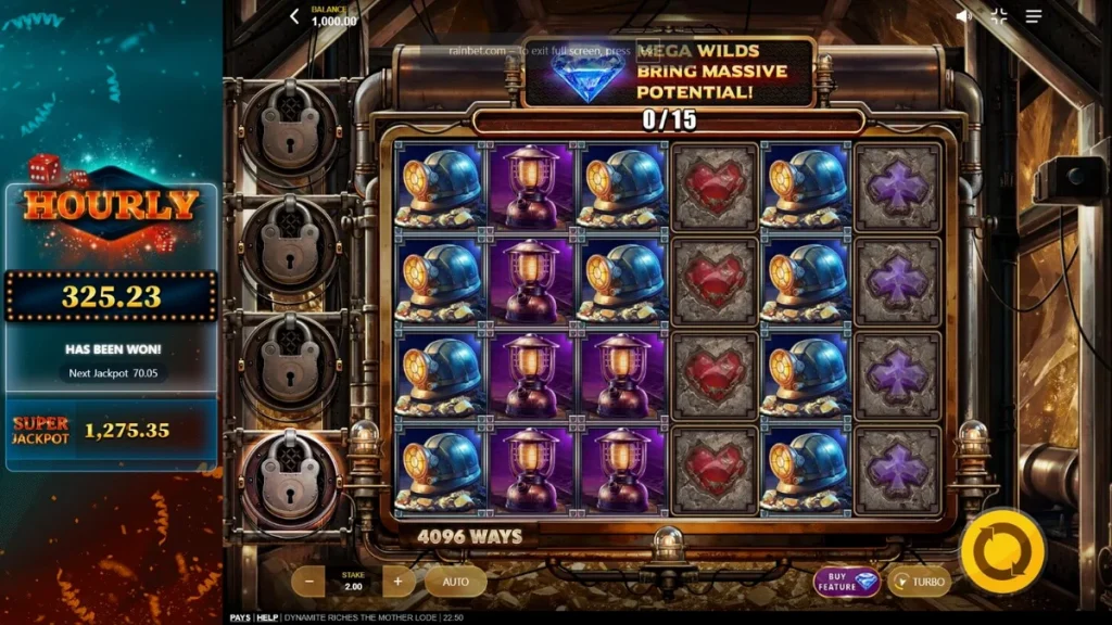 Tampilan visual slot Dynamite Riches The Mother Lode dengan latar belakang tambang emas