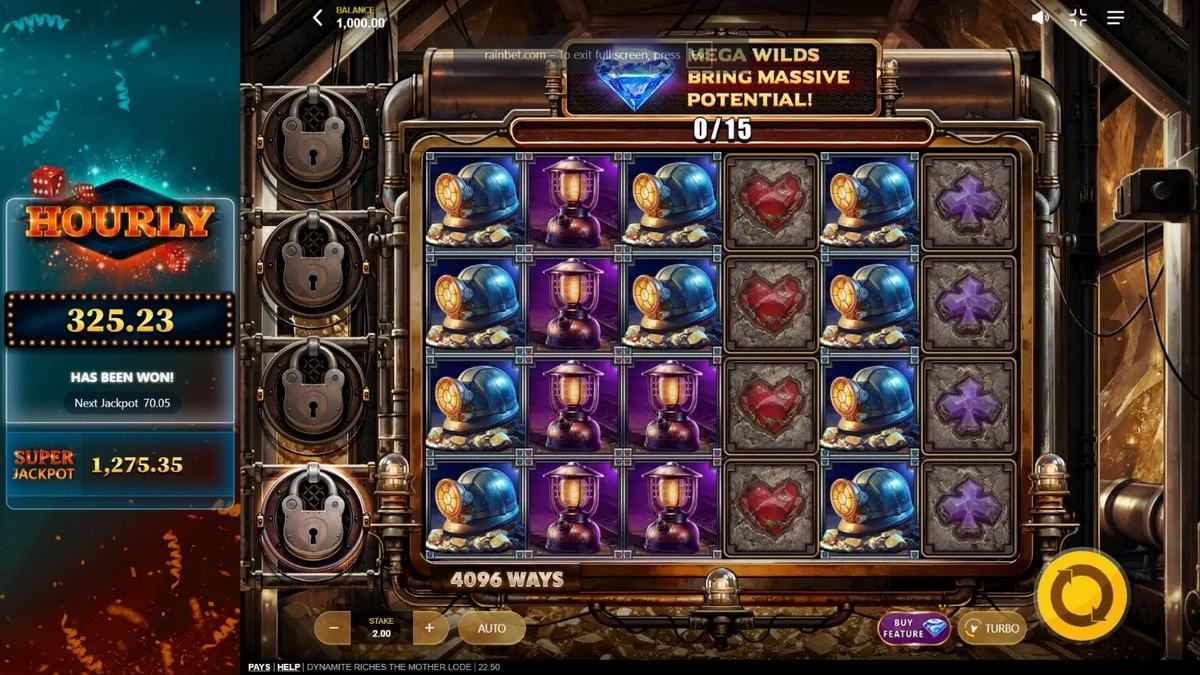 Tampilan visual slot Dynamite Riches The Mother Lode dengan latar belakang tambang emas